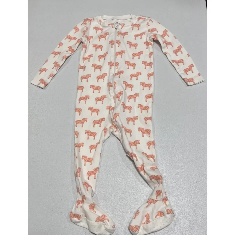 Primary Zebra Print Footie Full Zip Snug Fit 9-12 M Organic Cotton White Orange
